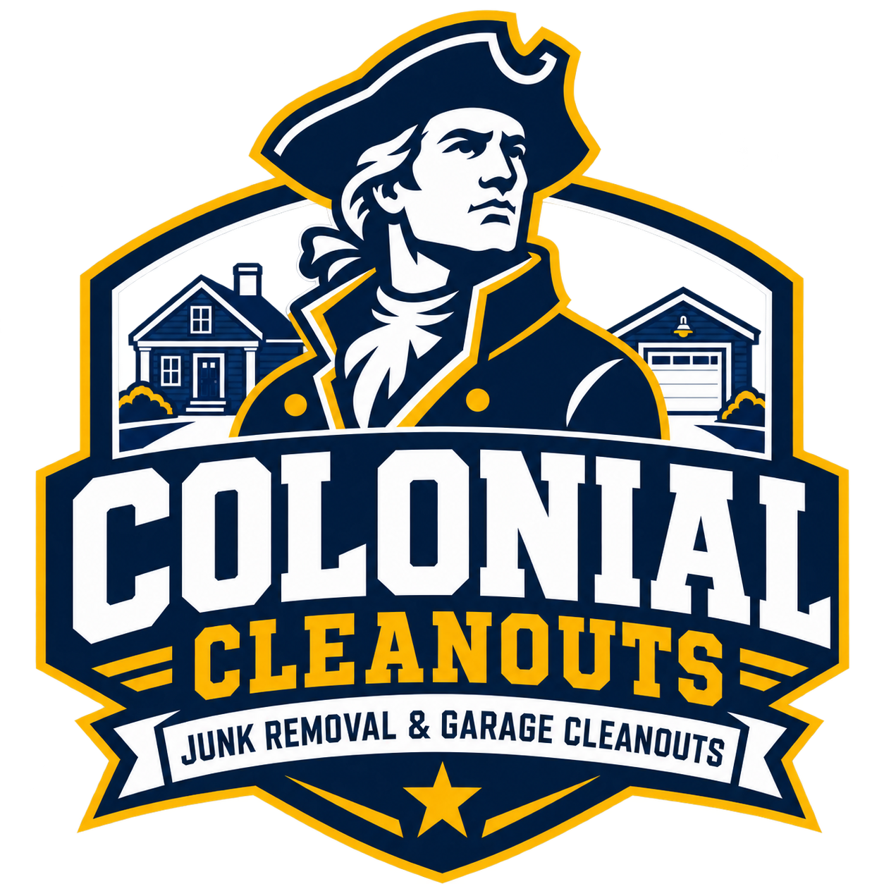 Colonial Cleanouts logo: colonial minuteman badge with house and garage